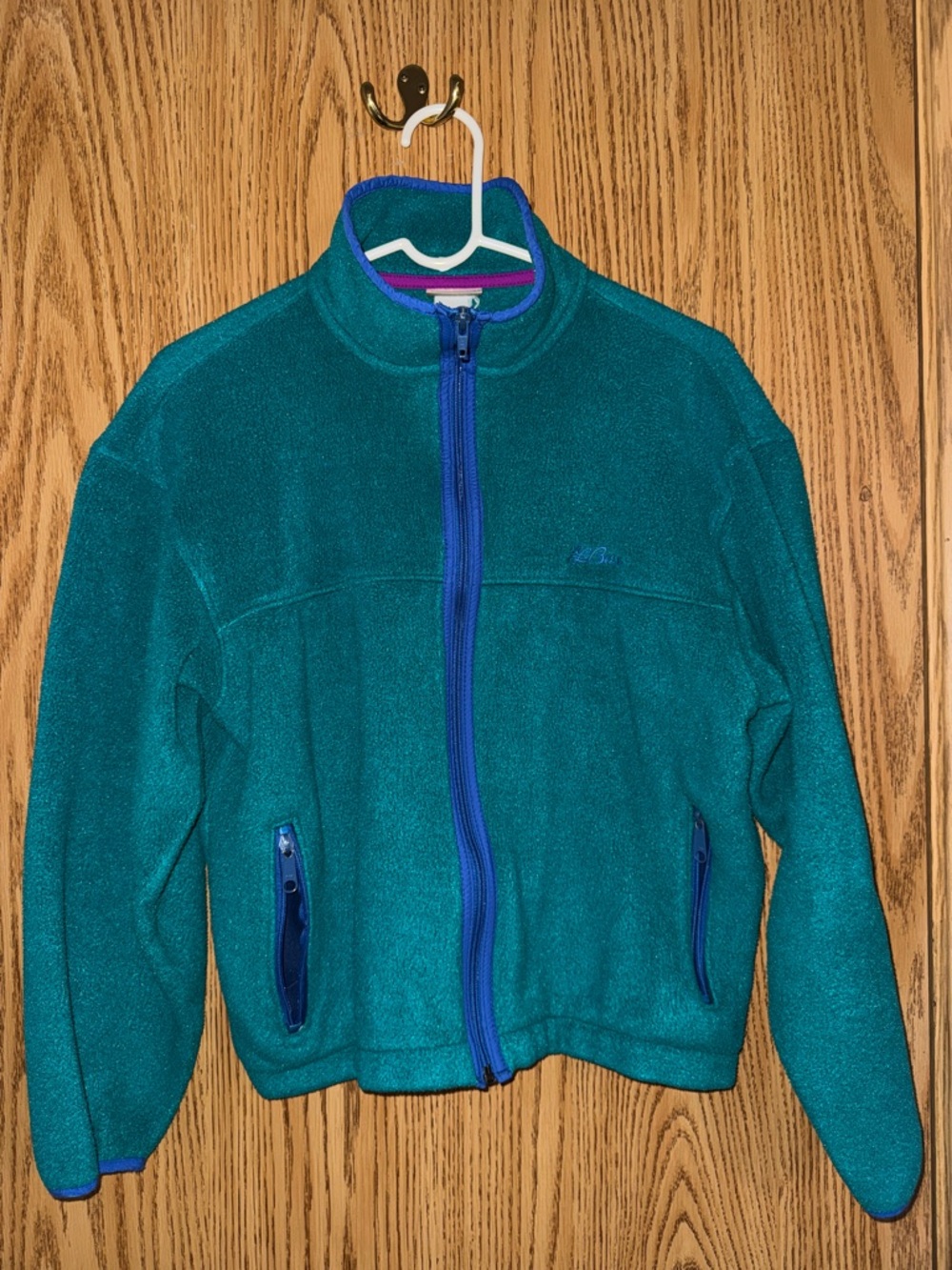 Vintage L.L. Bean Teal Fleece Jacket with Blue Trim and Purple Accents